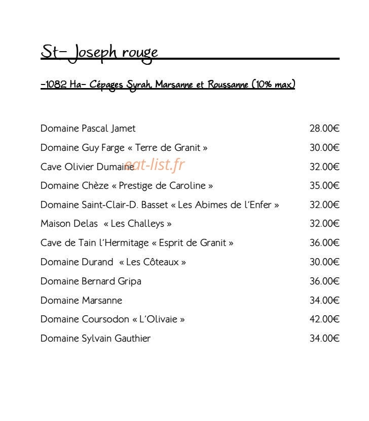 Carte et menu de Restaurant le Tournesol à Tournon sur Rhone — Les vins Saint Joseph rouge