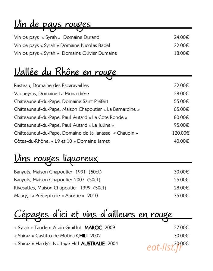 Carte et menu de Restaurant le Tournesol à Tournon sur Rhone — Les vins de pays rouges, vallée du Rhône en rouge...