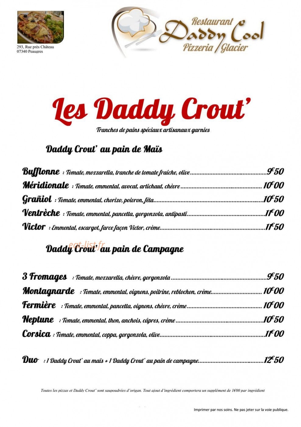 Pizzeria Daddy Cool — carte page 2