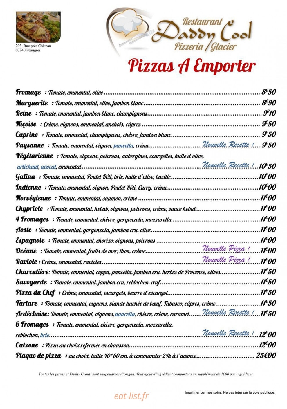 Pizzeria Daddy Cool — carte page 1