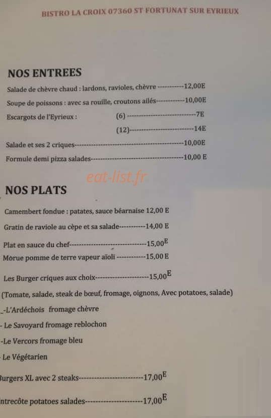 Carte et menu de Bistro la croix à Saint Fortunat sur Eyrieux — les entrées et plats