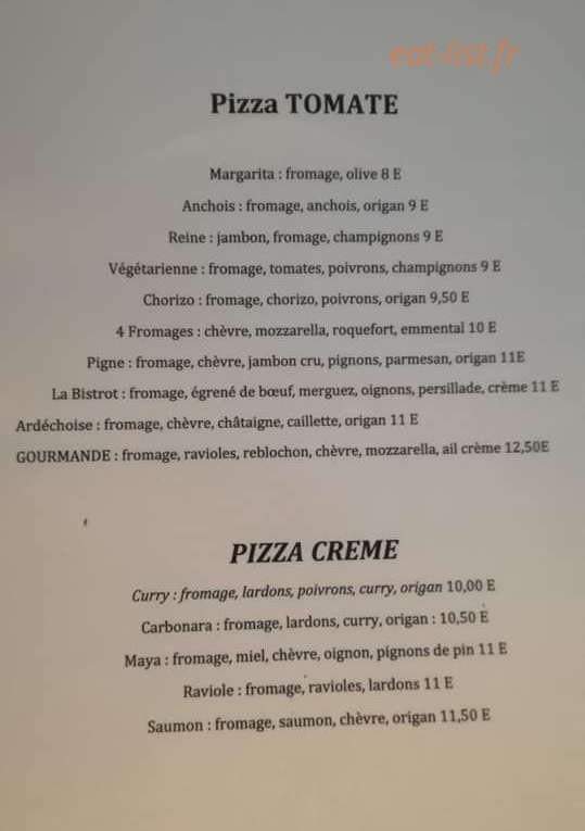Carte et menu de Bistro la croix à Saint Fortunat sur Eyrieux — les pizzas