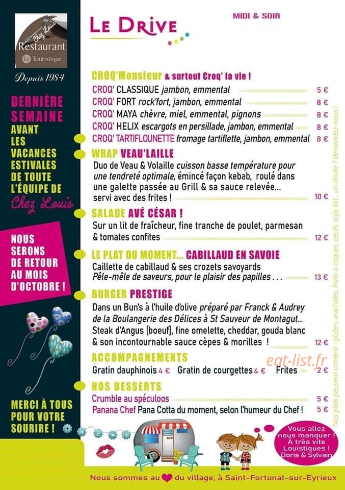 Carte et menu de Le Touristique à Saint Fortunat sur Eyrieux — Les plats à la carte