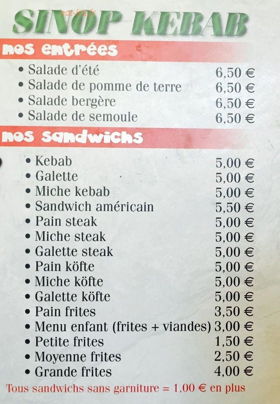 Sinop kebab — carte page 1