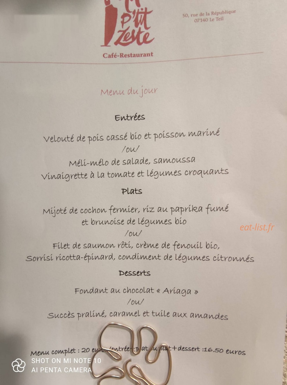 Au P'tit Zeste — carte page 1