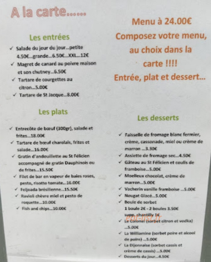 Carte et menu de Auberge de Saint Félicien à Saint Felicien — Le menu à la carte