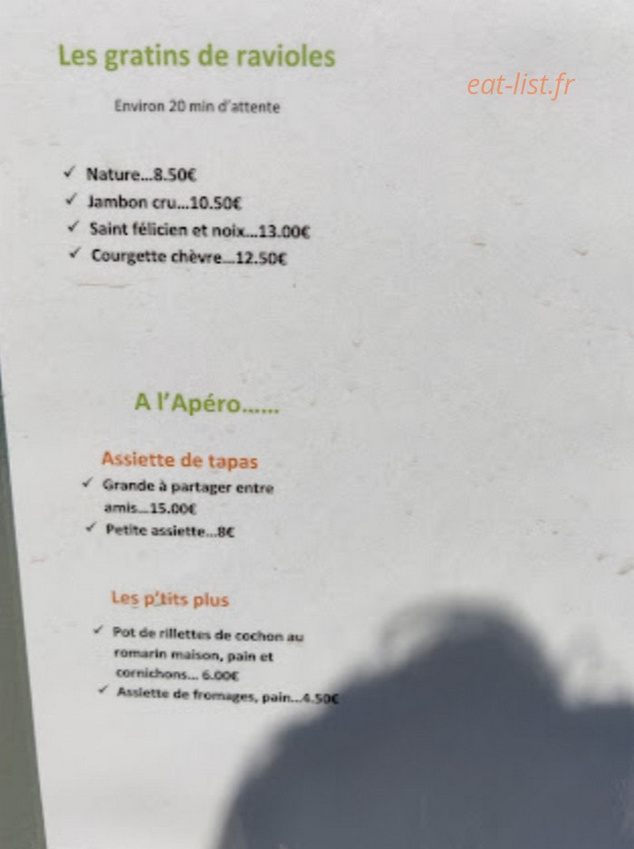 Carte et menu de Auberge de Saint Félicien à Saint Felicien — Les gratins de ravioles, apéro
