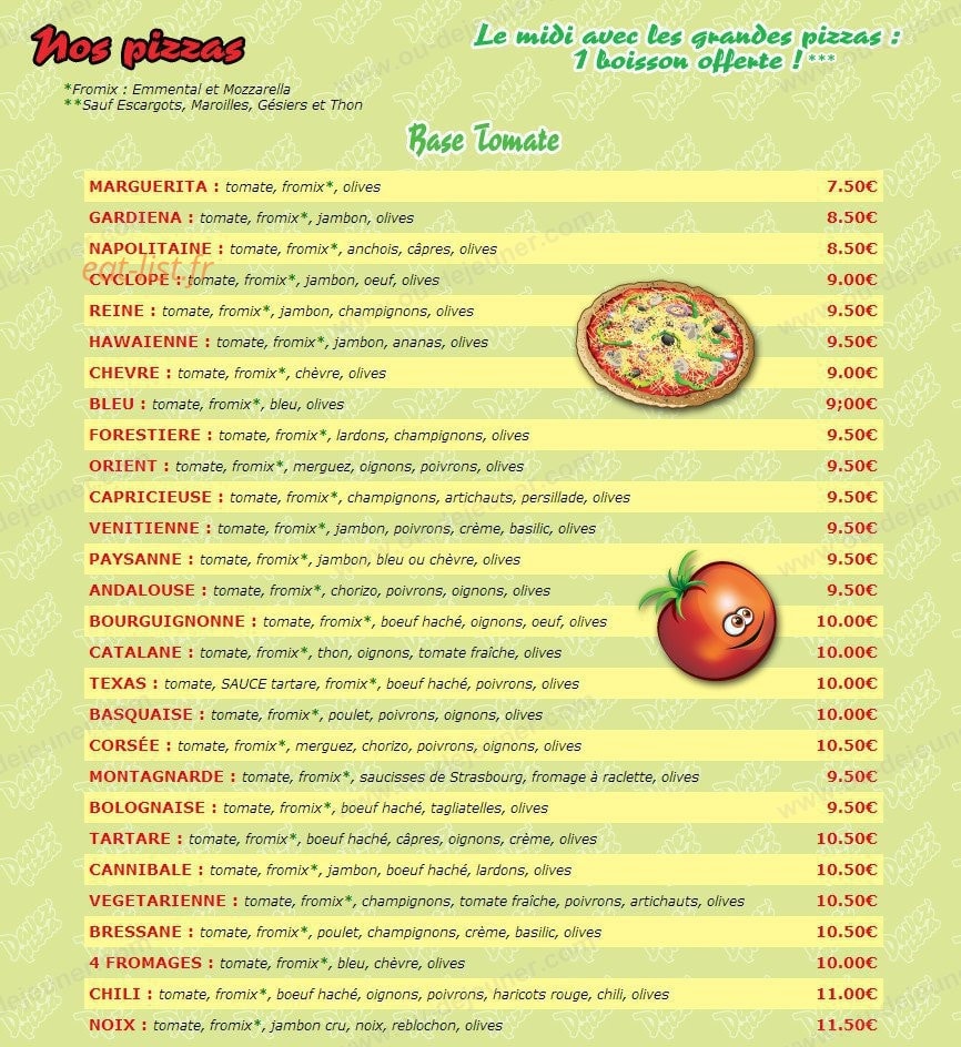 Davez Pizza — carte page 1