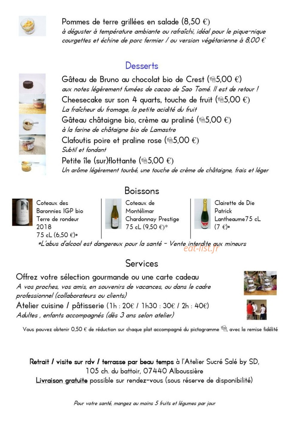 Carte et menu de Sucré Salé by SD à Alboussiere — Les desserts, boissons, ...