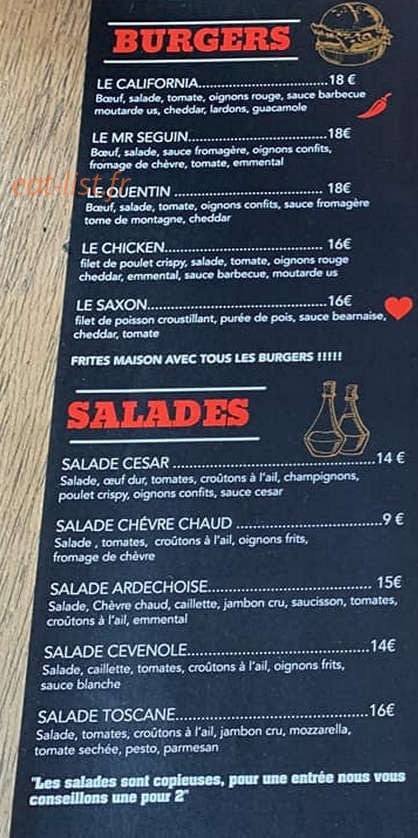 Carte et menu de La table à carreaux à Saint Sauveur de Cruzieres — Les burgers et salades