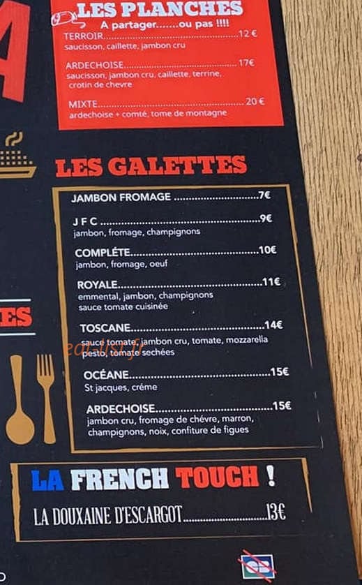 Carte et menu de La table à carreaux à Saint Sauveur de Cruzieres — Les galettes