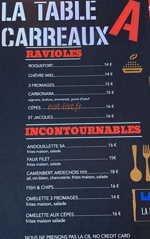 Carte et menu de La table à carreaux à Saint Sauveur de Cruzieres — Les ravioles et incontournables