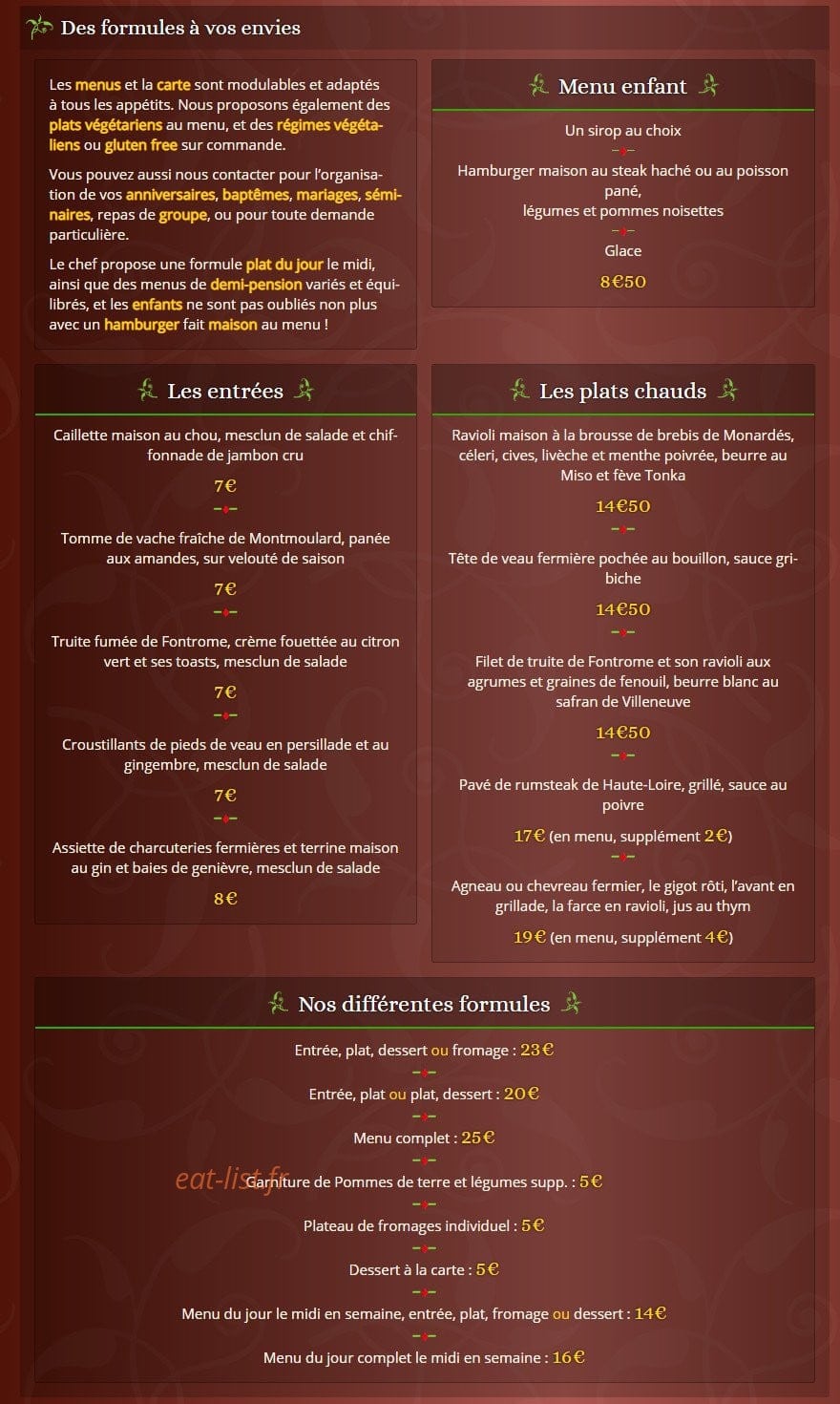 Carte et menu de Auberge la Reine des Prés à Lachapelle Graillouse — Formules, entrées, plats,....