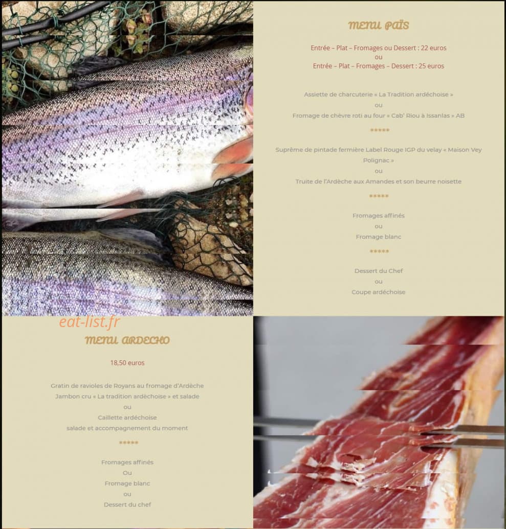 Carte et menu de Au Parfum des Bois à Saint Cirgues en Montagne — Les menu païs, menu ardecho