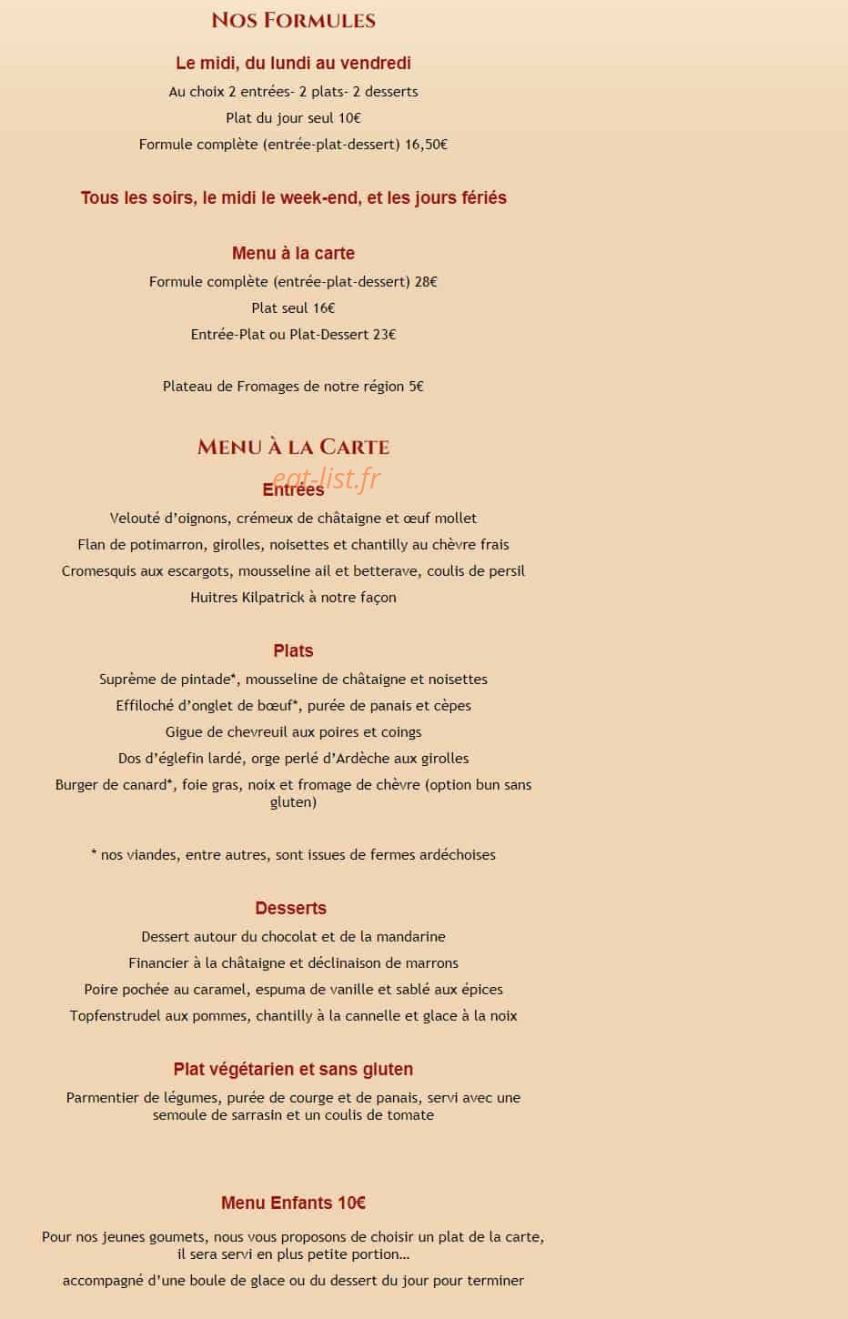 Carte et menu de L'Auberge de Montpezat à Montpezat Sous Bauzon — Formules