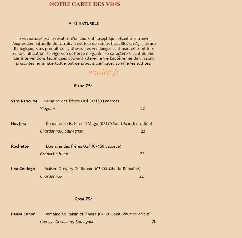Carte et menu de L'Auberge de Montpezat à Montpezat Sous Bauzon — Vins