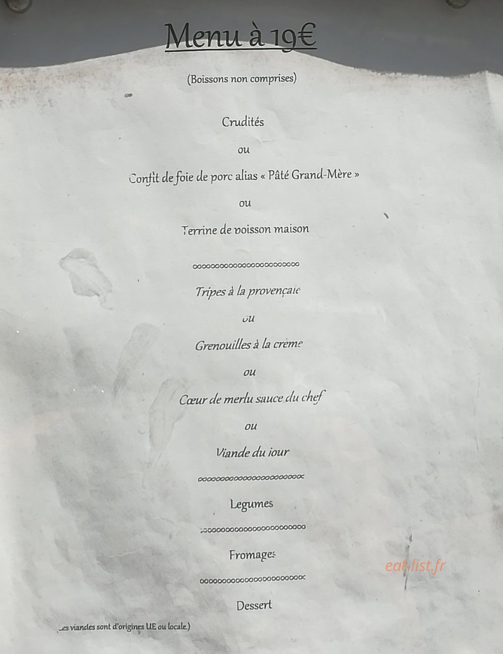 Carte et menu de Chez Françoise St Laurent les Bains à Saint-Laurent-les-Bains-Laval-d'Aurelle  — Le menu 19€