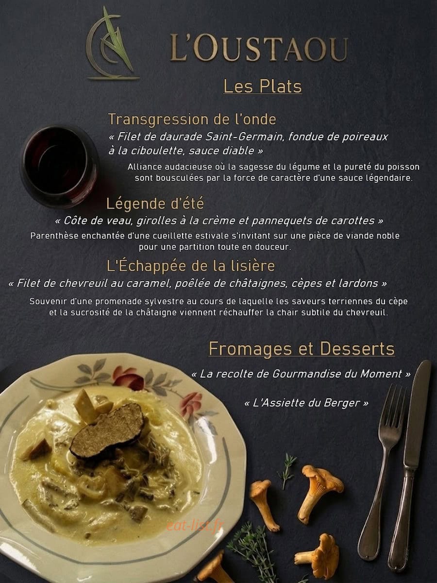 Carte et menu de L'Oustaou à Saint Marcel d'Ardeche — plats et desser