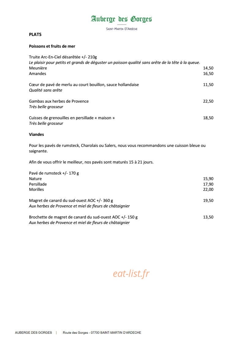 L'Auberge des Gorges — carte page 2