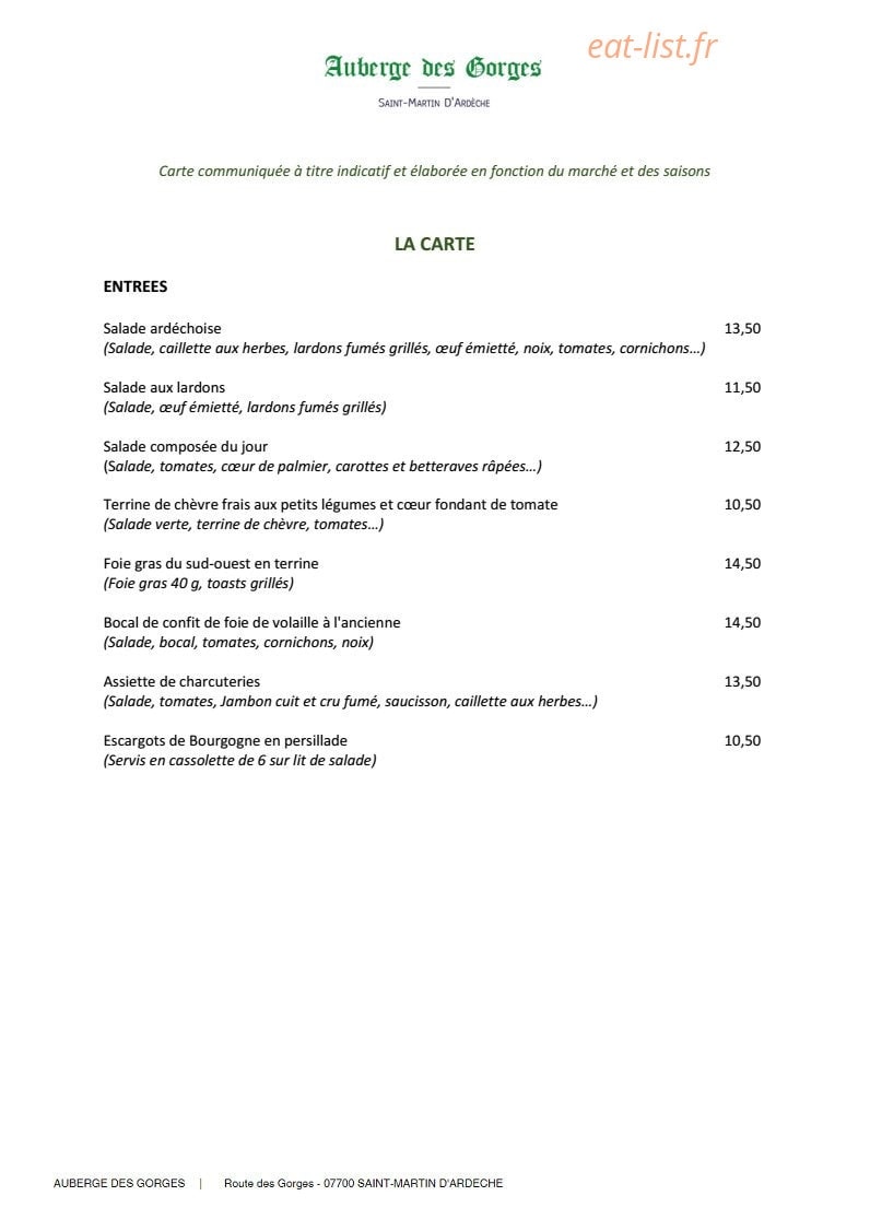 L'Auberge des Gorges — carte page 1