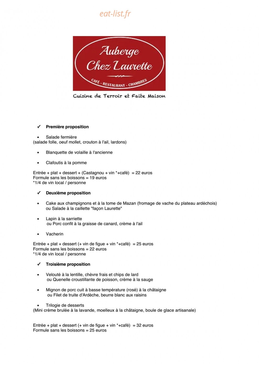 Auberge Chez Laurette — carte page 1