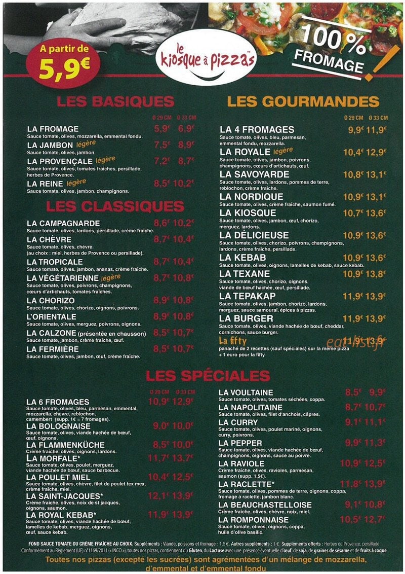 Le Kiosque à Pizzas — carte page 1