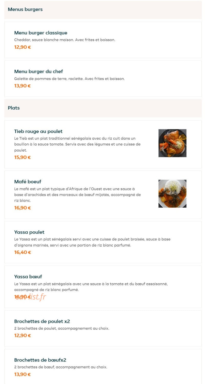African food — carte page 1