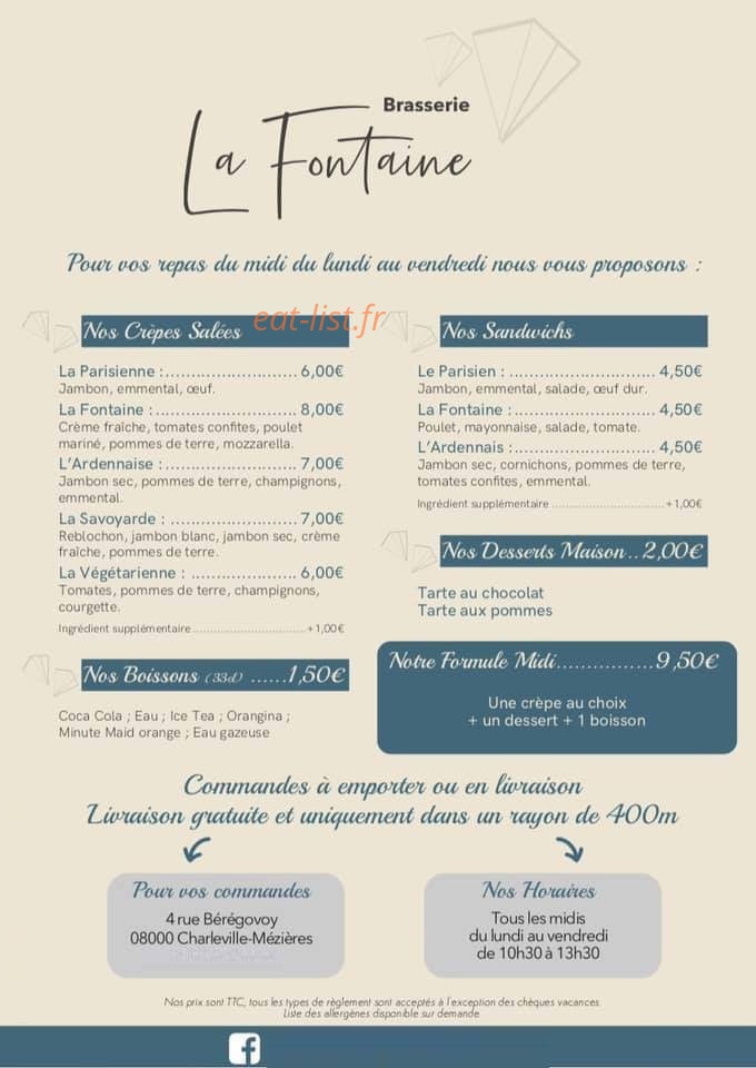 Carte et menu de Brasserie la Fontaine à Charleville Mezieres — La carte