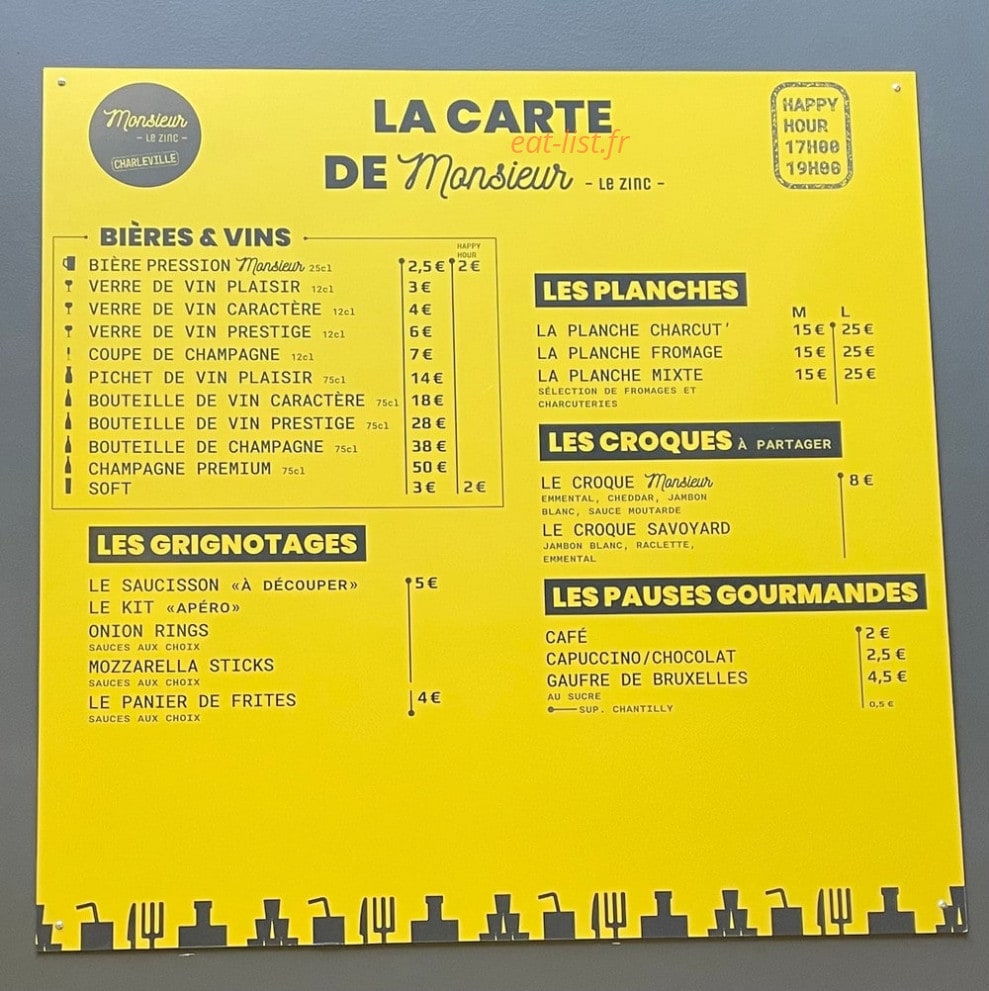 Carte et menu de Monsieur le Zinc à Charleville Mezieres — La carte