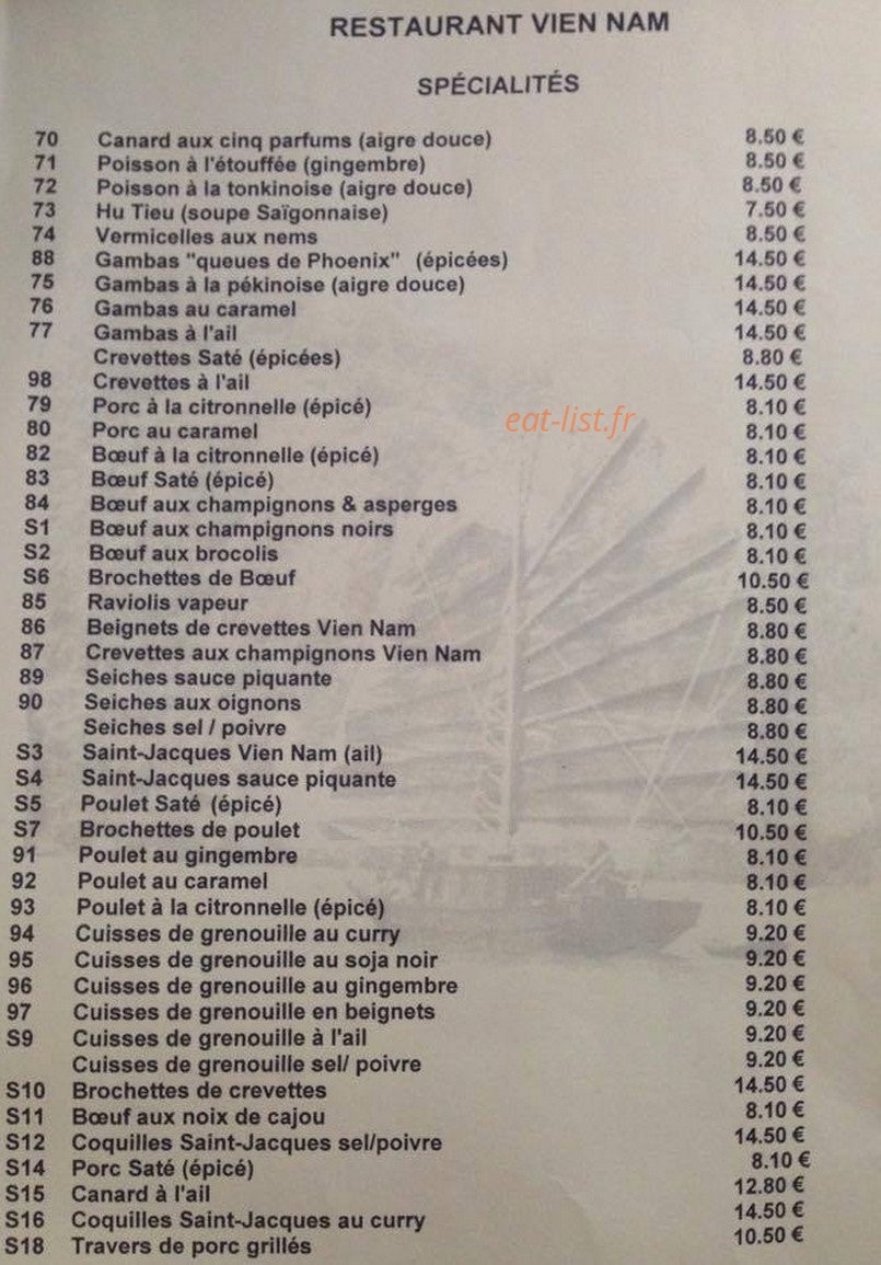 Carte et menu de Vien Nam à Charleville Mezieres — Les spécialités