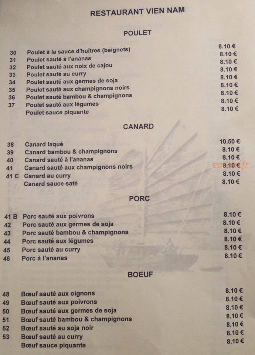 Carte et menu de Vien Nam à Charleville Mezieres — Les poulets, les canards,....