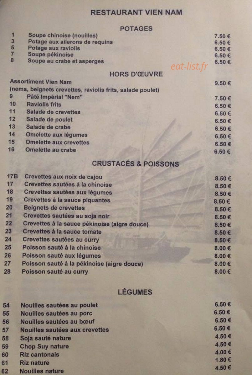 Carte et menu de Vien Nam à Charleville Mezieres — Les potages, les hors d’œuvres,....