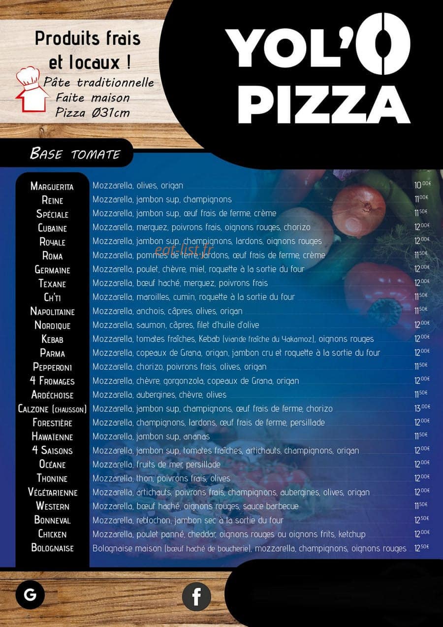 Yol'O Pizza — carte page 1