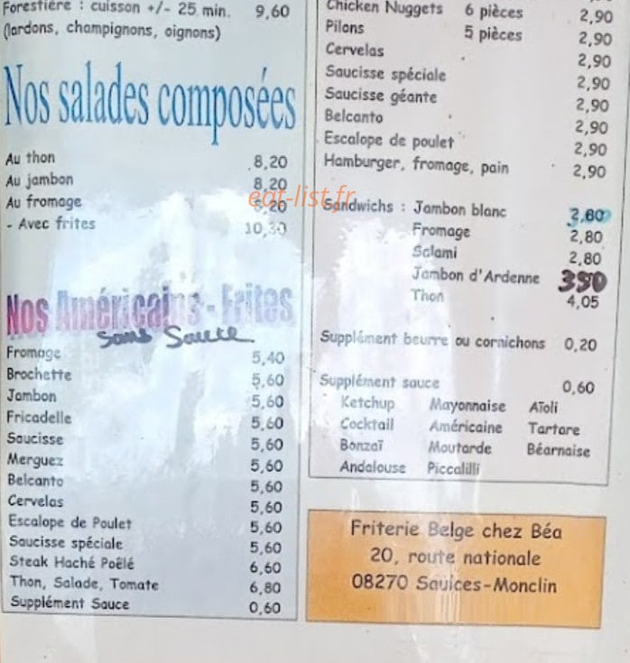 Carte et menu de Snack Friterie de la RN 51 à Saulces Monclin — Salade personnalisé et américains
