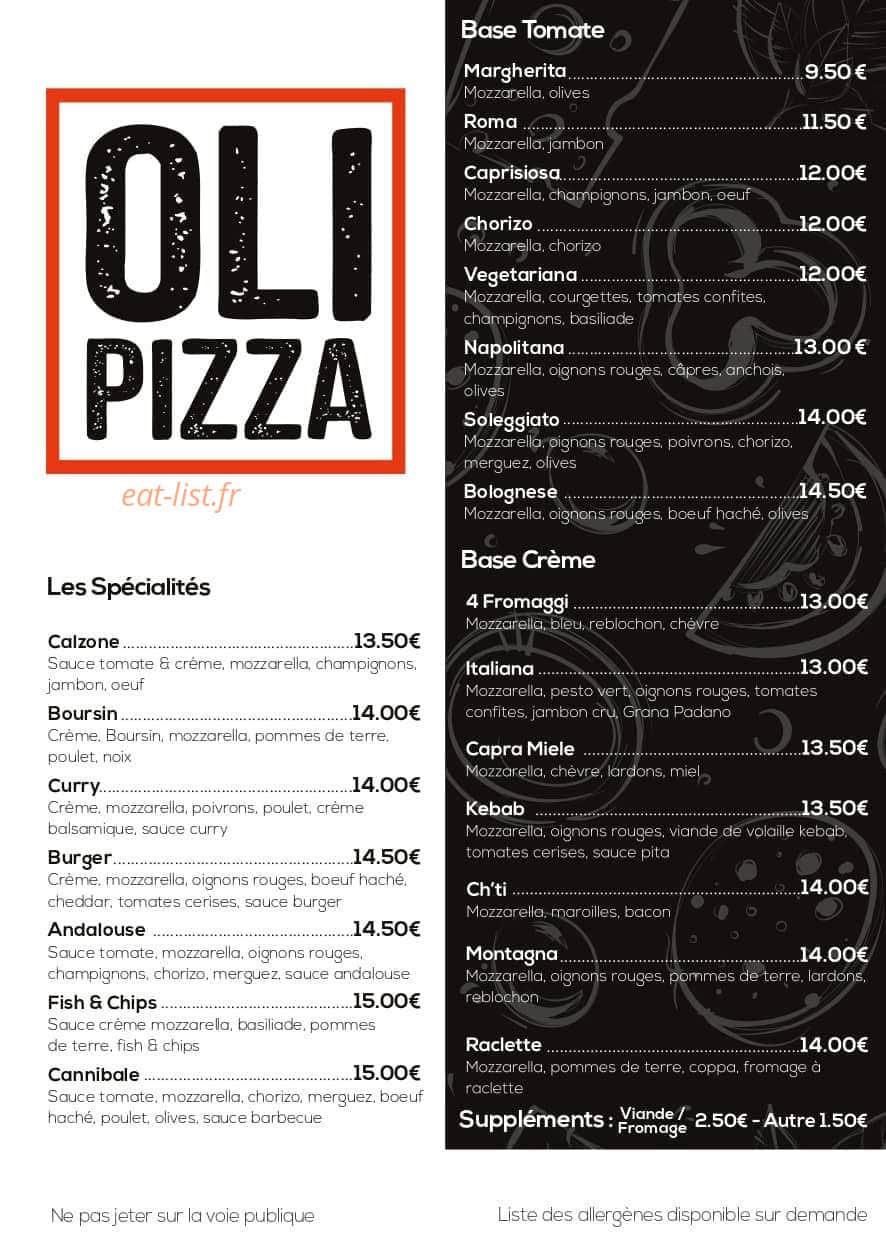 OLI Pizza — carte page 1