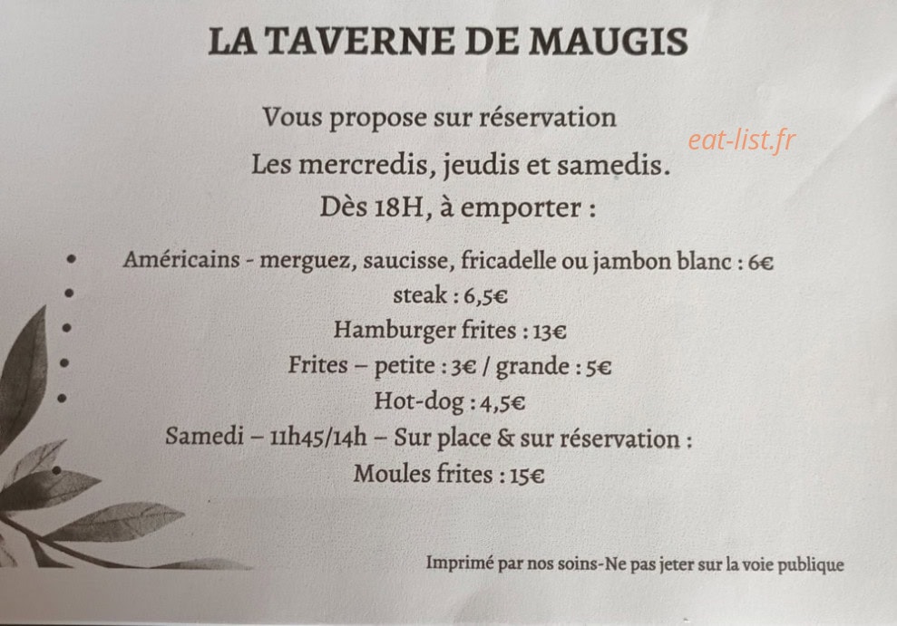 Carte et menu de La taverne de Maugis à Noyers Pont Maugis — Les propositions