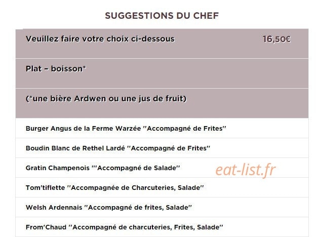Carte et menu de Auberge du Pied des Monts à Grivy Loisy — Suggestion du chef