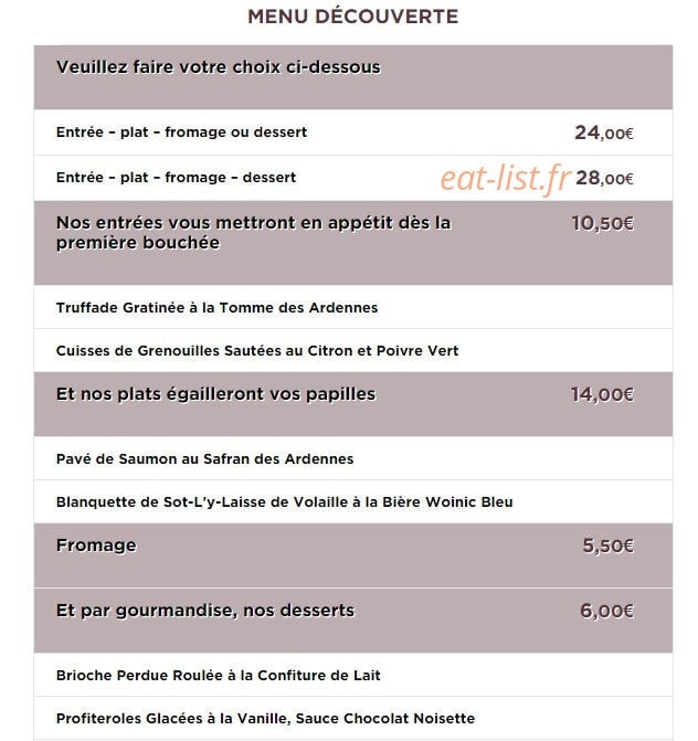 Carte et menu de Auberge du Pied des Monts à Grivy Loisy — Menu découverte