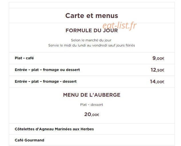 Carte et menu de Auberge du Pied des Monts à Grivy Loisy — Formule du jour