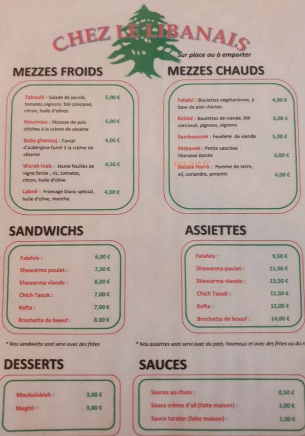 Chez Le Libanais — carte page 1