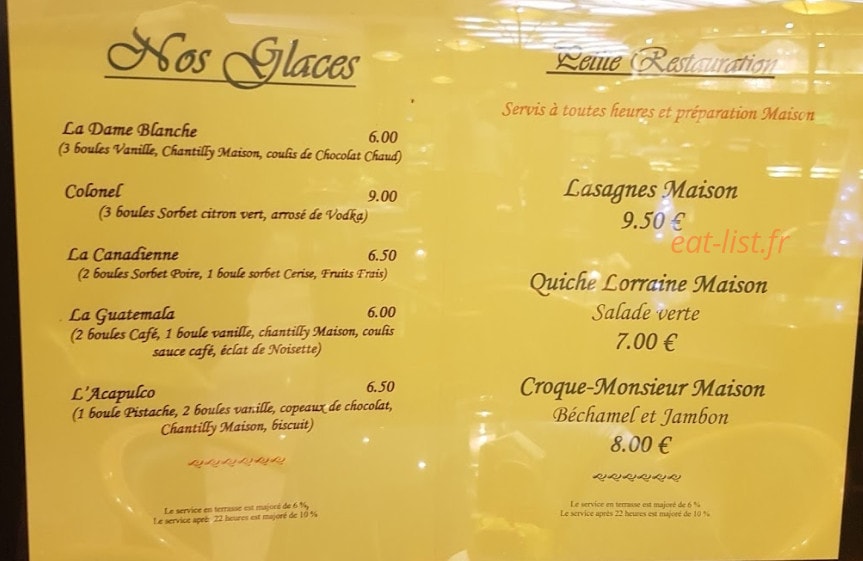 Carte et menu de Brasserie-Grill de l'Hôtel-de-ville à Givet — Les glace, plats
