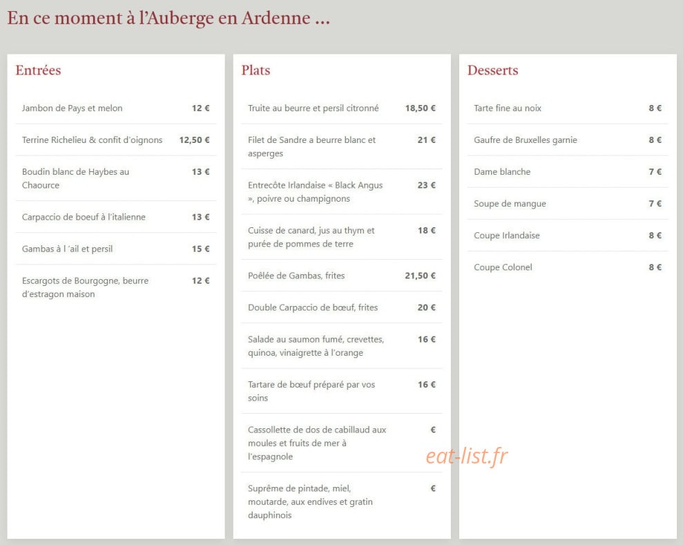 Carte et menu de Auberge En Ardenne à Les Hautes Rivieres — Le menu en ce moment