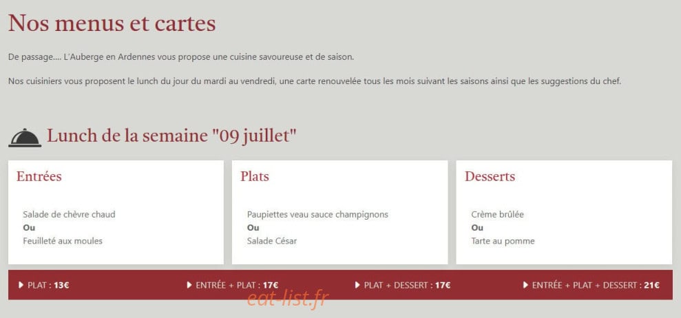 Carte et menu de Auberge En Ardenne à Les Hautes Rivieres — Le lunch de la semaine
