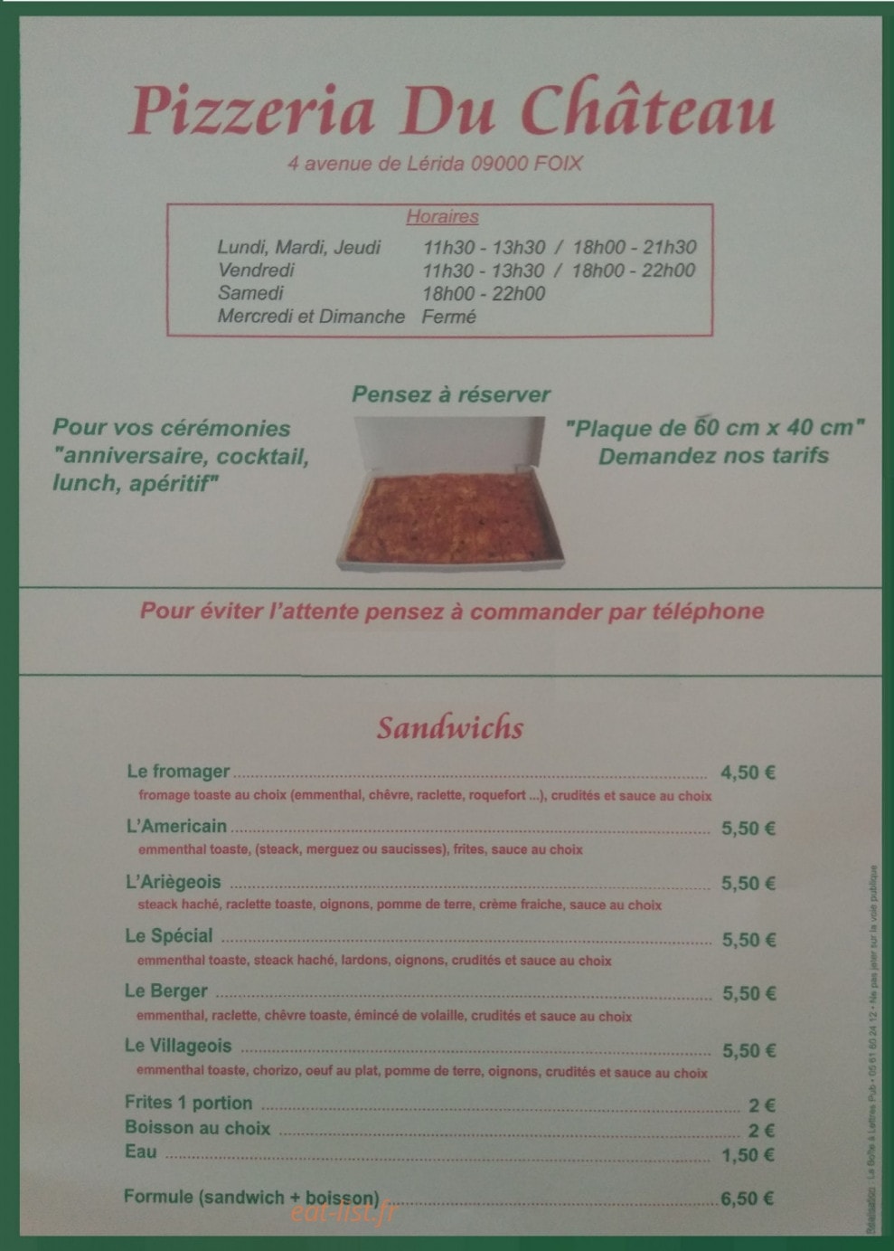 Pizzeria du Château — carte page 1