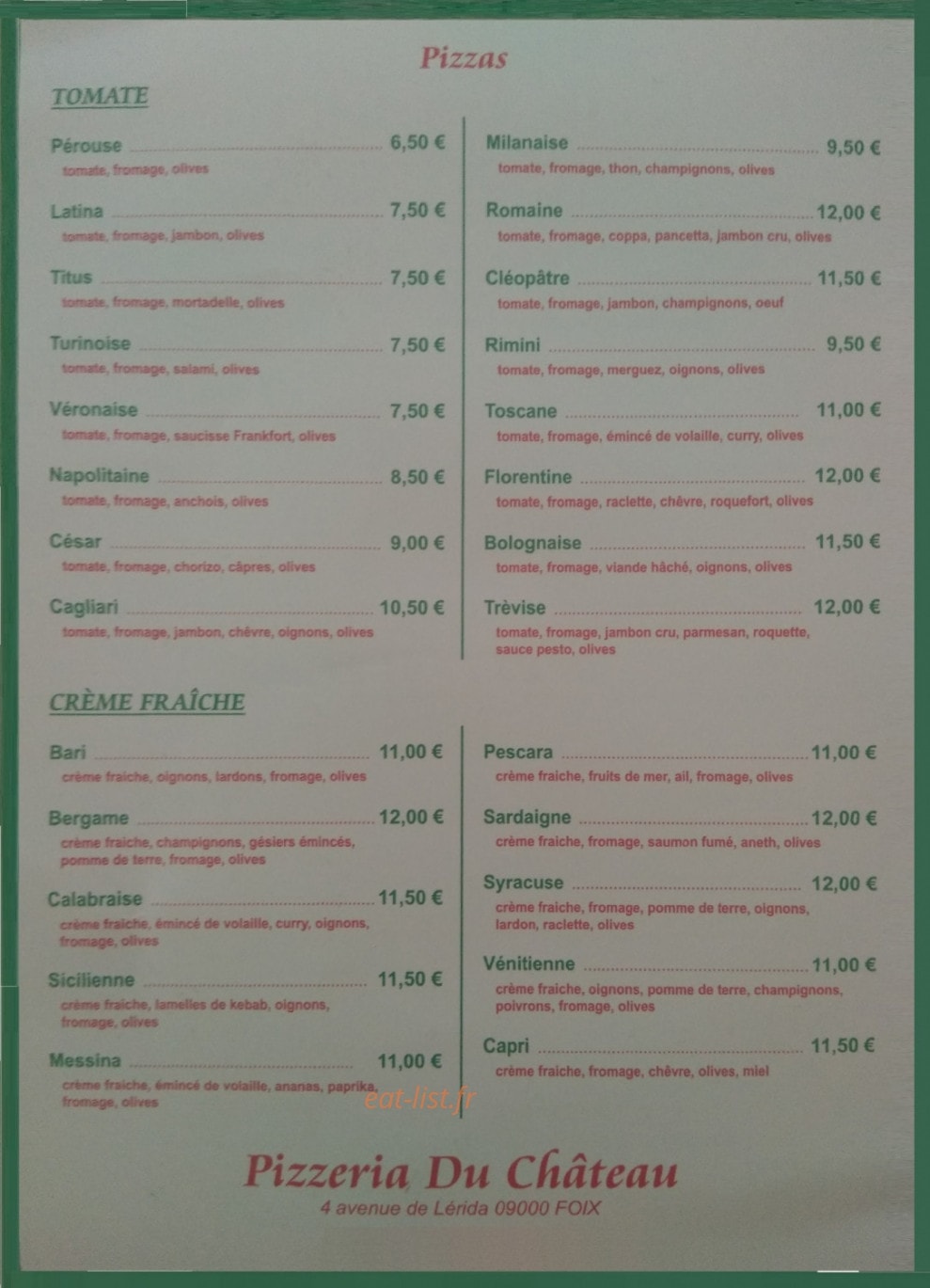 Pizzeria du Château — carte page 2