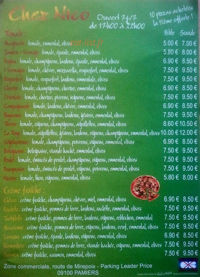 Pizzas Chez Nico — carte page 1
