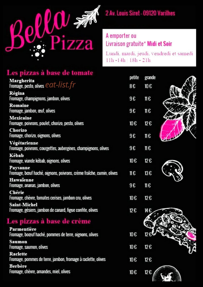 Bella Pizza — carte page 1