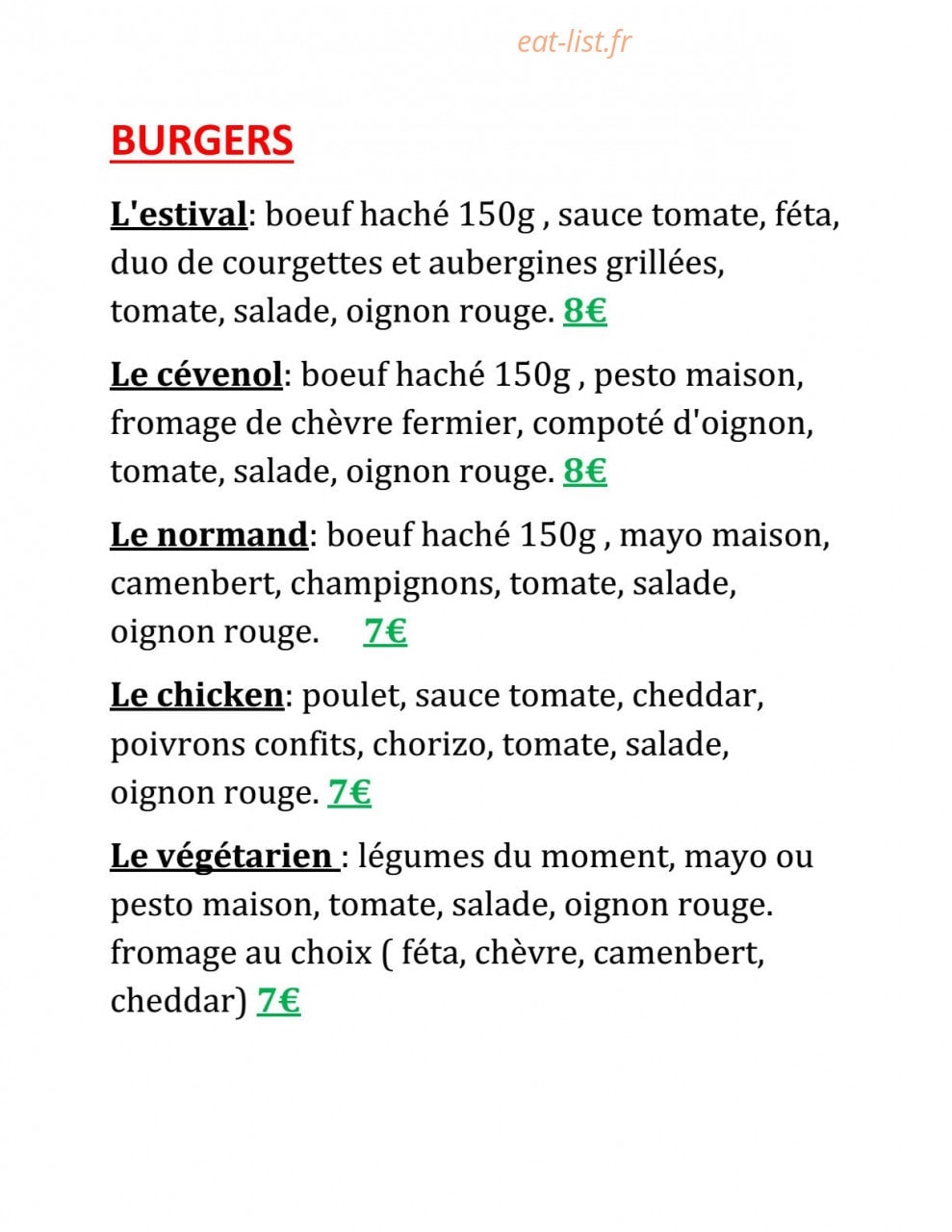 R'stream Burger — carte page 1