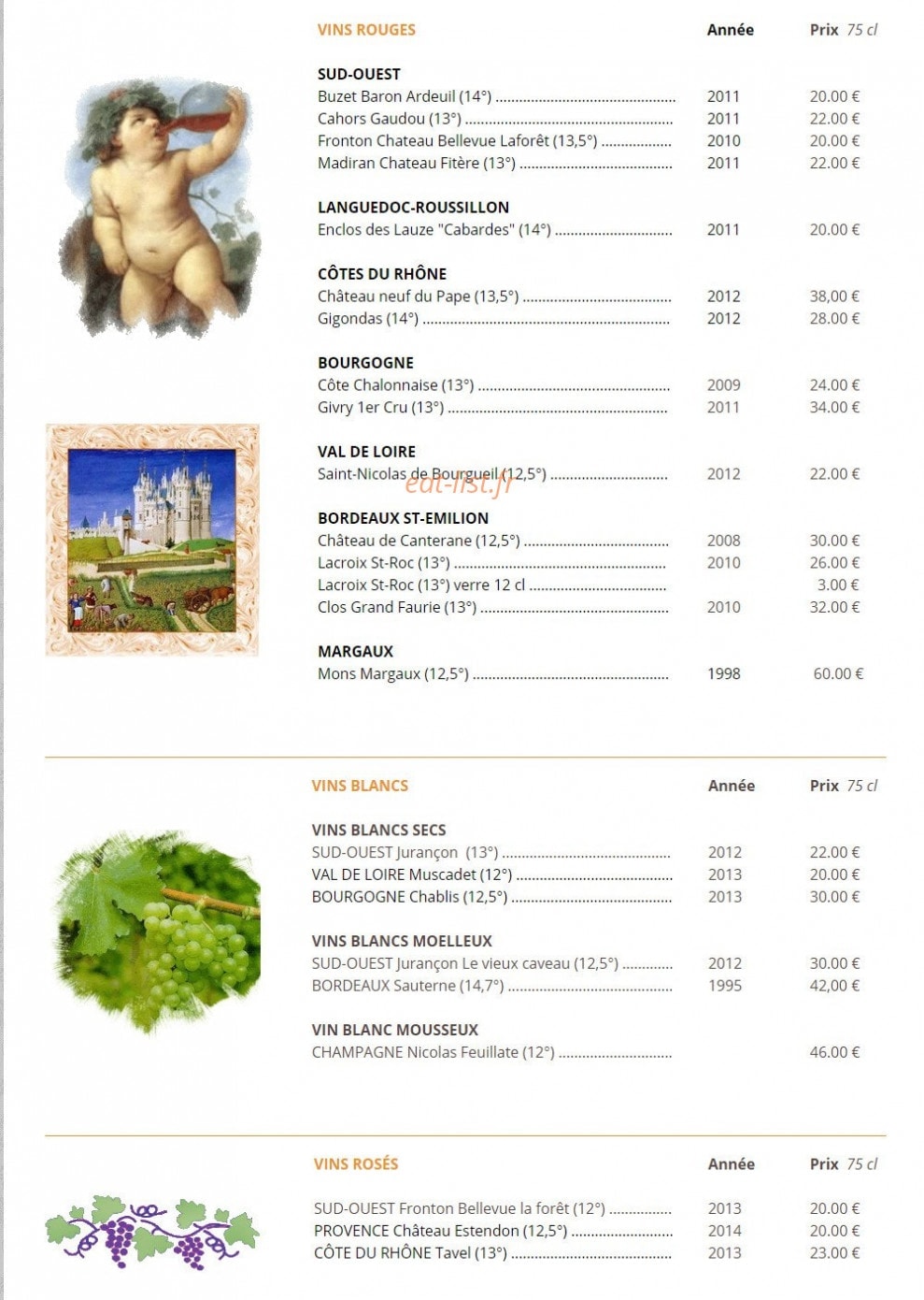 Carte et menu de Le chalet de chanteraine à Saint Lizier — Les vins