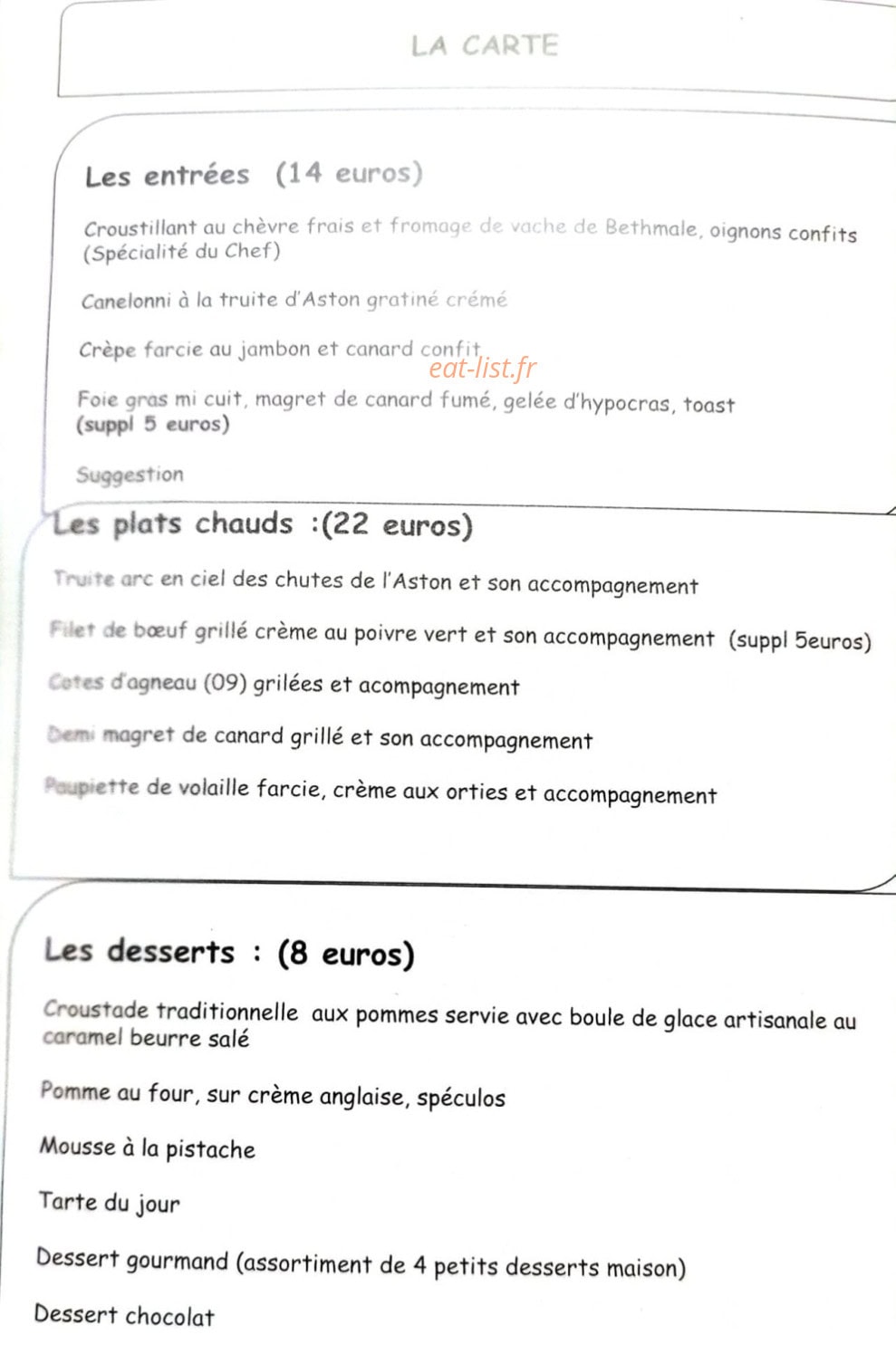 Carte et menu de La petite auberge de niaux à Niaux — La carte